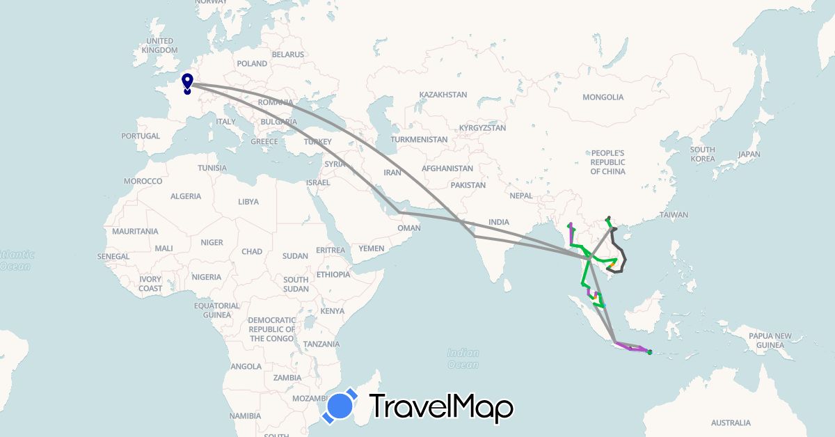 TravelMap itinerary: driving, bus, plane, train, hiking, boat, hitchhiking, motorbike in United Arab Emirates, France, Indonesia, India, Cambodia, Myanmar (Burma), Malaysia, Thailand, Vietnam (Asia, Europe)